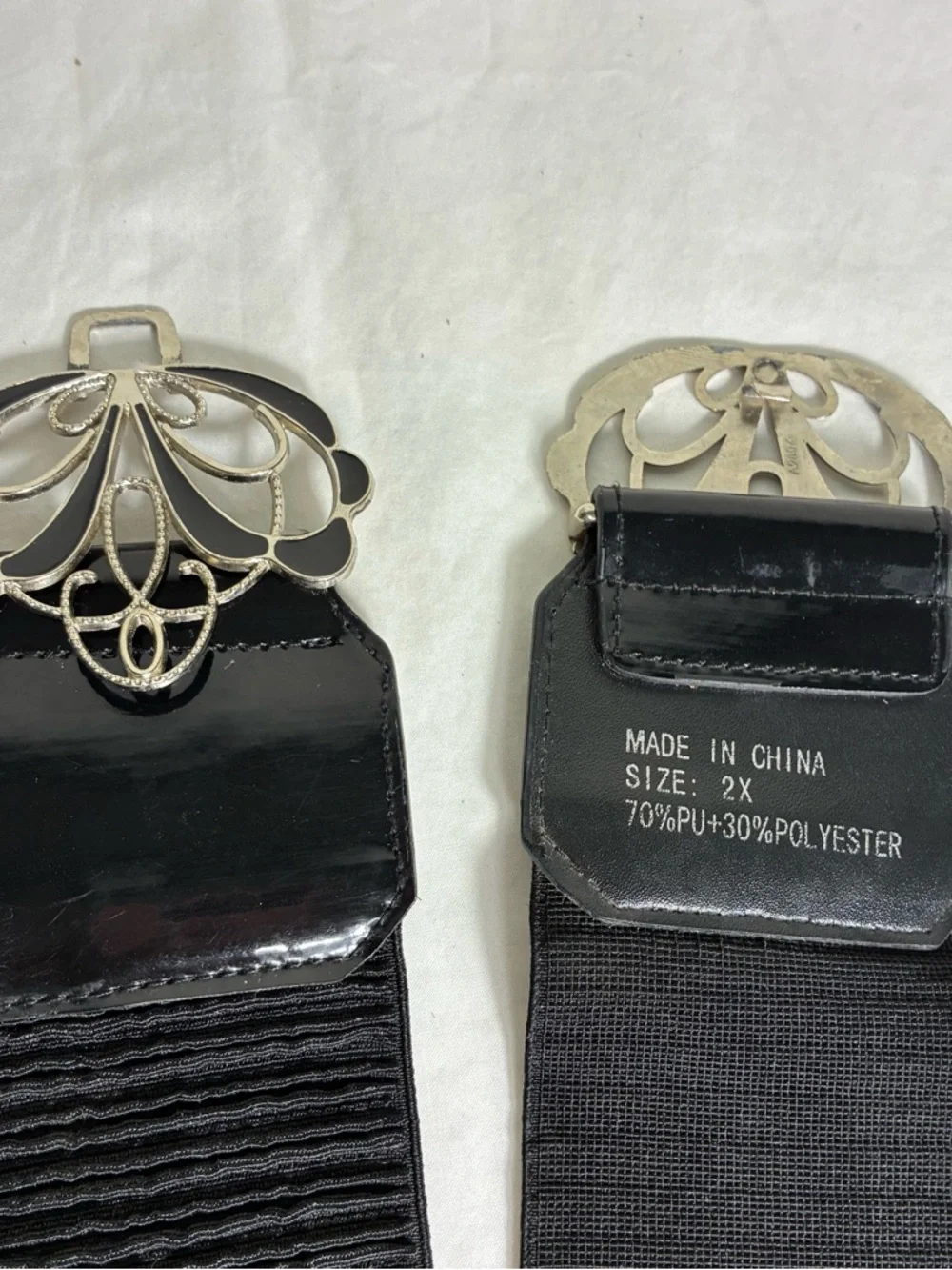 Plus Size 2XL Black Patent Elastic Waist Belt with Silver Butte Filigree Buckle